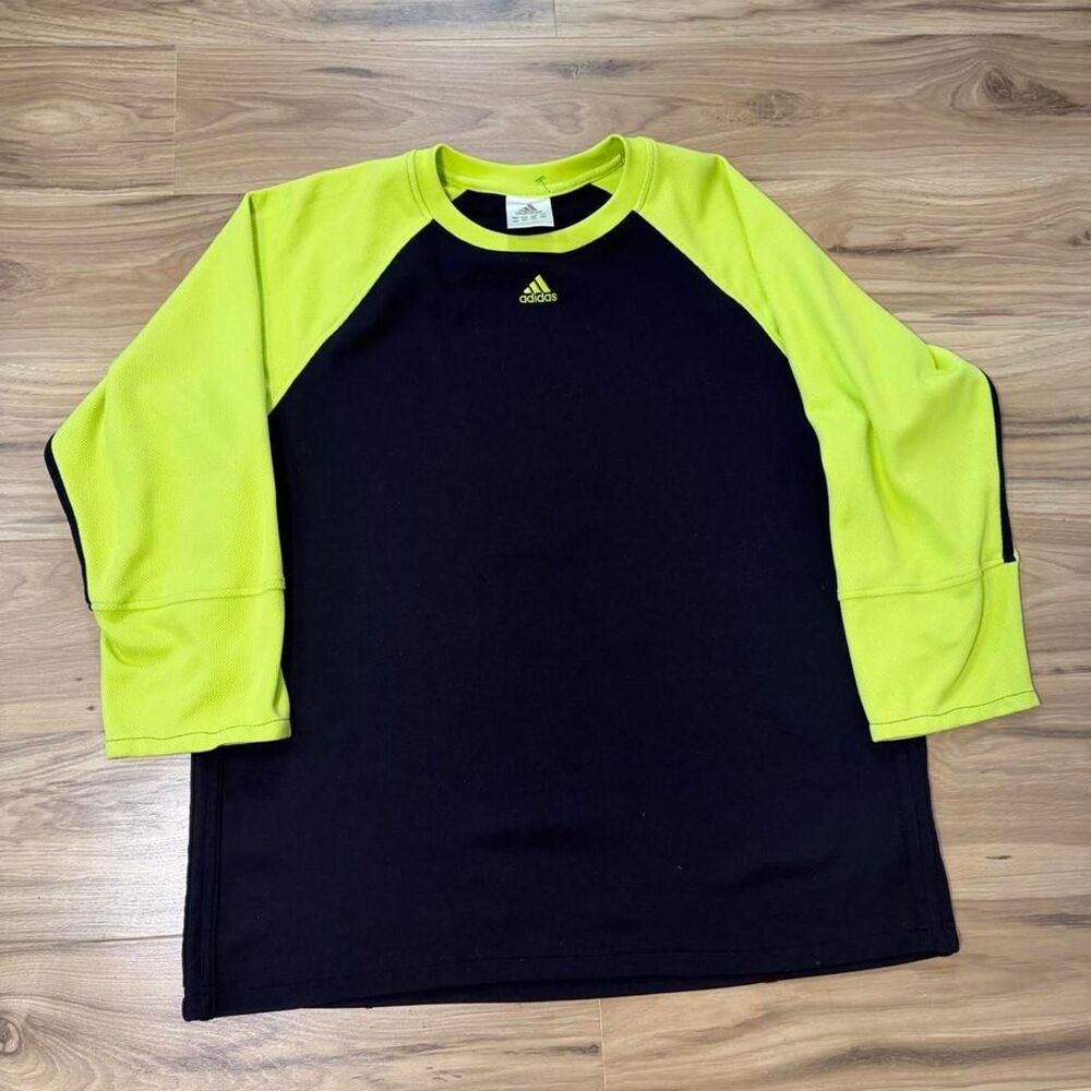 Y2K Adidas black neon yellow 3/4 sleeve Embroidered soccer style shirt Large